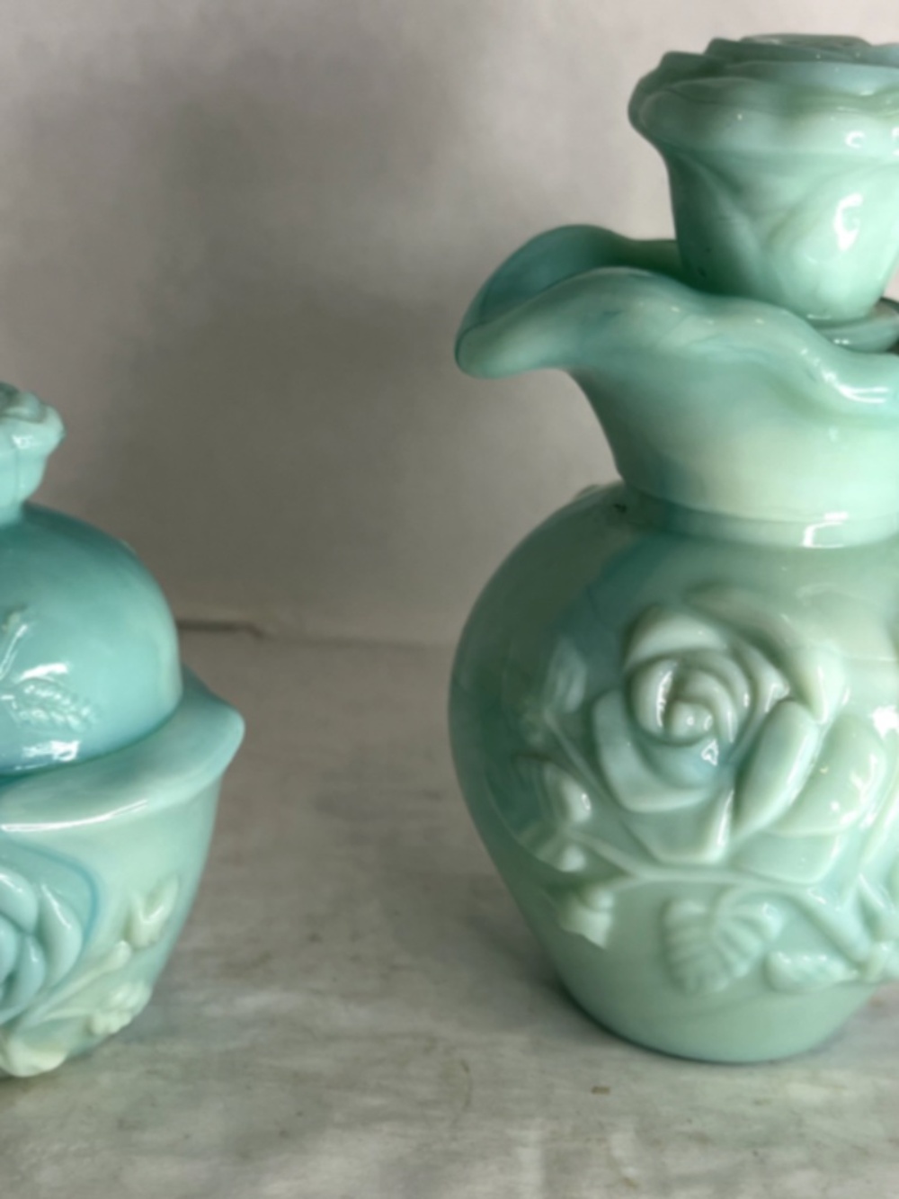 Vintage Avon Jadeite Moonwind Bubble Bath Bottle and Powder Sachet Container